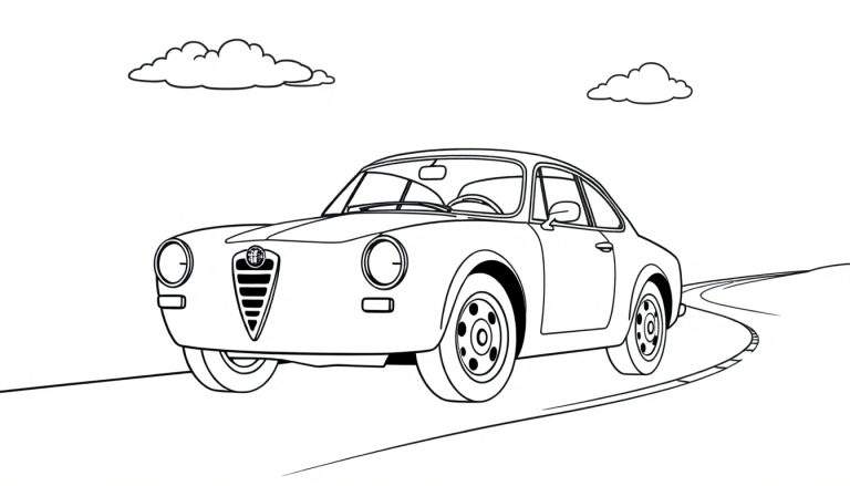 A black and white line drawing of an Alfa Romeo coupe on a road, ready for a color panel.