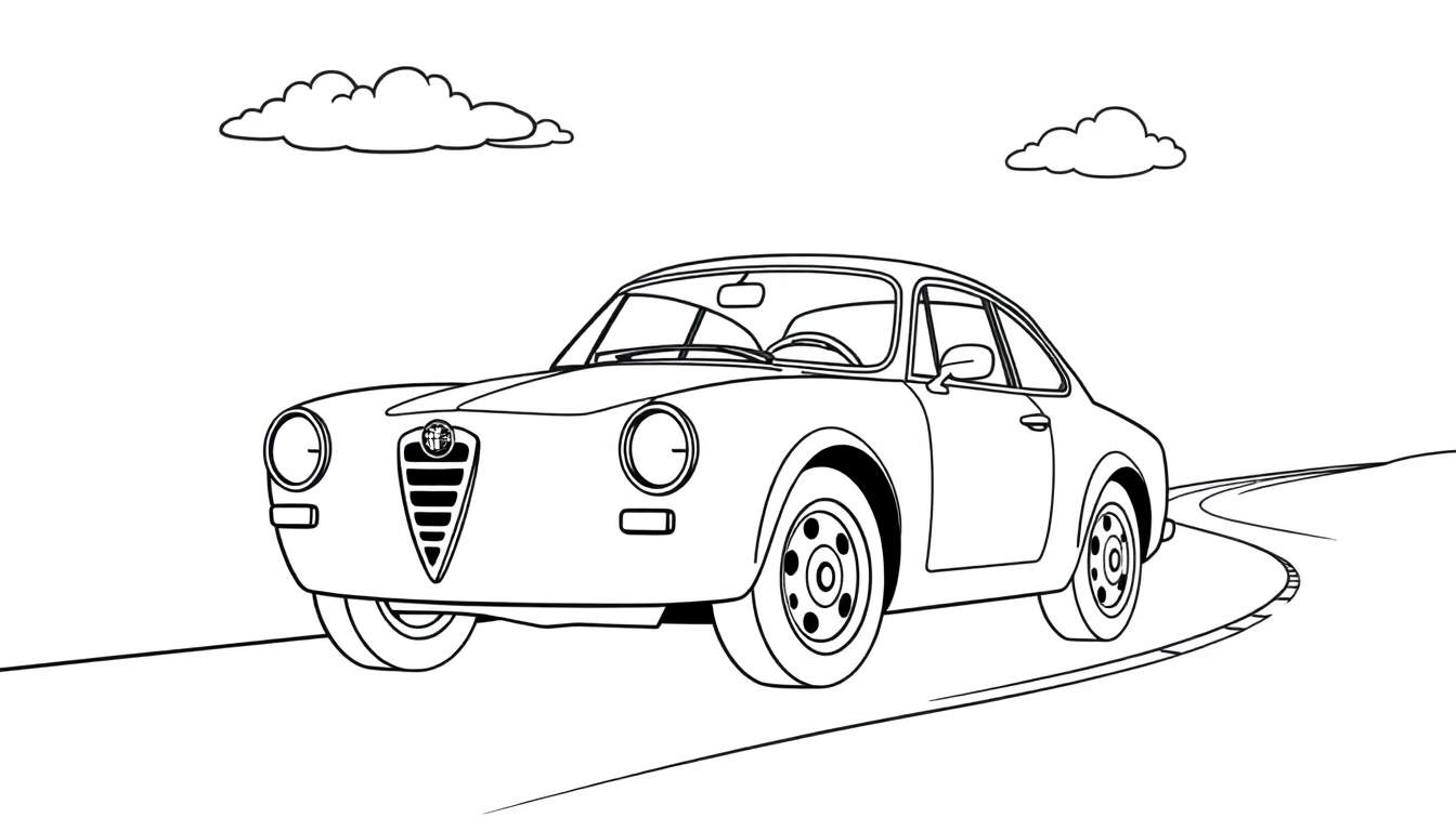 A black and white line drawing of an Alfa Romeo coupe on a road, ready for a color panel.