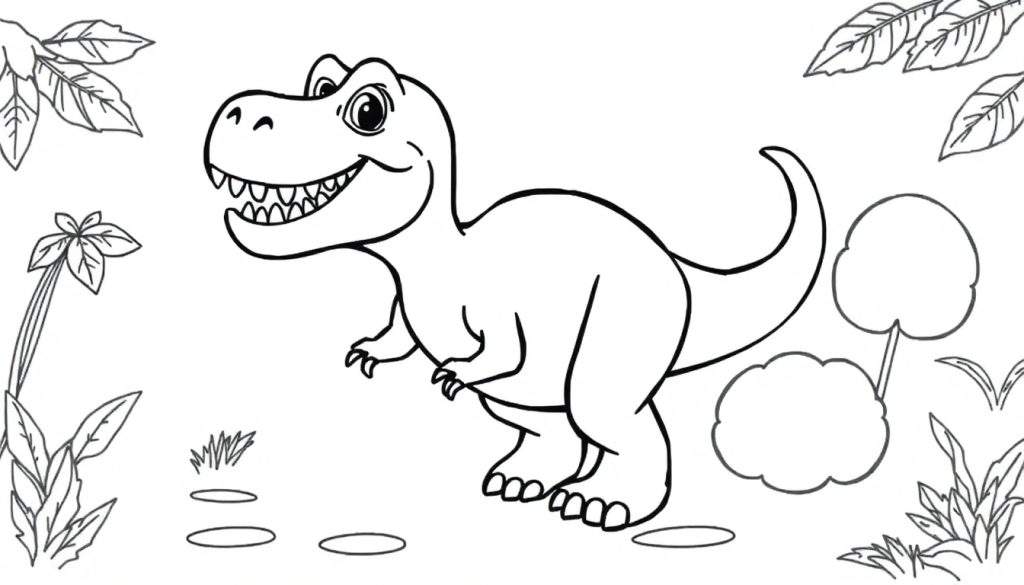A smiling T-Rex coloring panel surrounded by jungle plants.