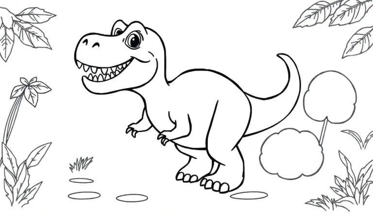A smiling T-Rex coloring panel surrounded by jungle plants.