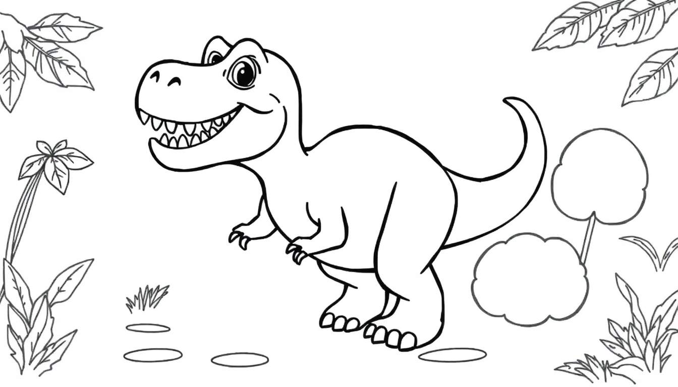 A smiling T-Rex coloring panel surrounded by jungle plants.
