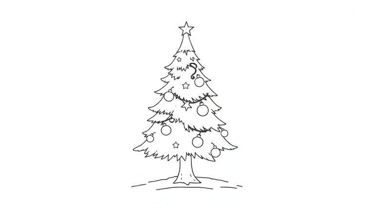 A cute Christmas tree with simple ornaments, ready for coloring. Black and white, no colors. This is a color panel waiting for your artistic touch!