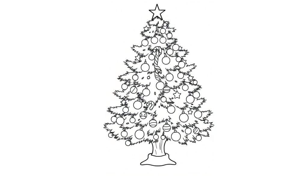 A black and white coloring page of a Christmas tree with ornaments and a star, ready for coloring. This color panel awaits your vibrant touch!