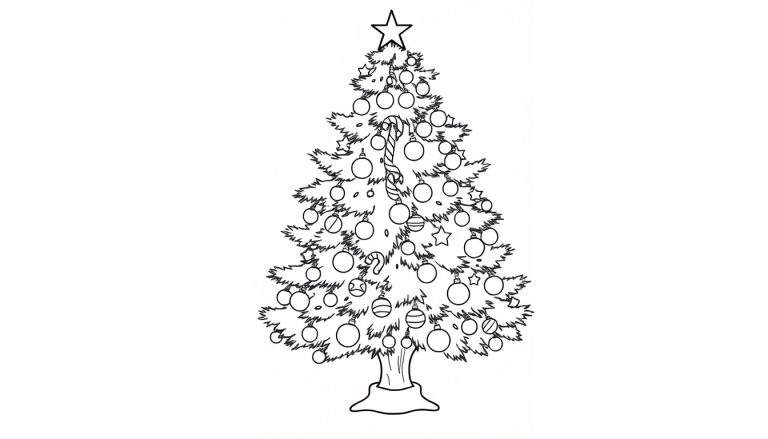 A black and white coloring page of a Christmas tree with ornaments and a star, ready for coloring. This color panel awaits your vibrant touch!