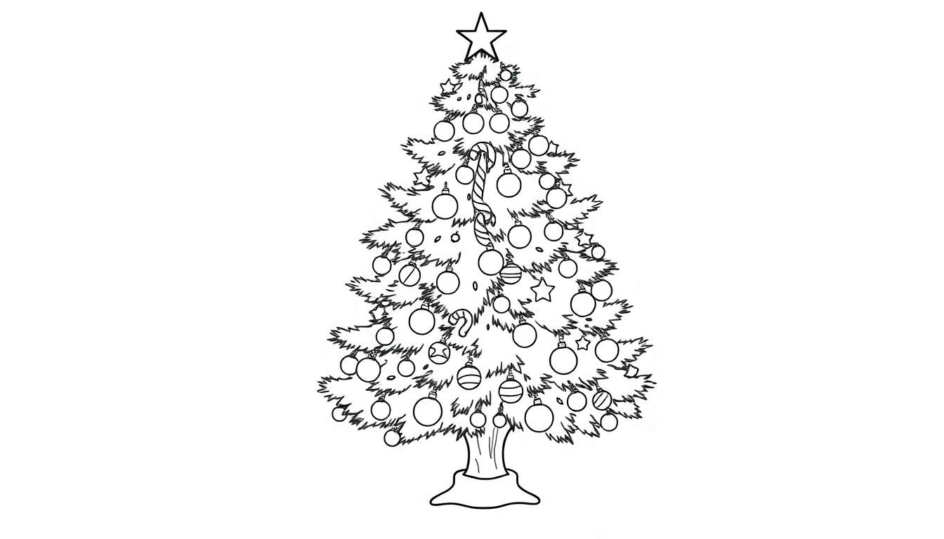 A black and white coloring page of a Christmas tree with ornaments and a star, ready for coloring. This color panel awaits your vibrant touch!