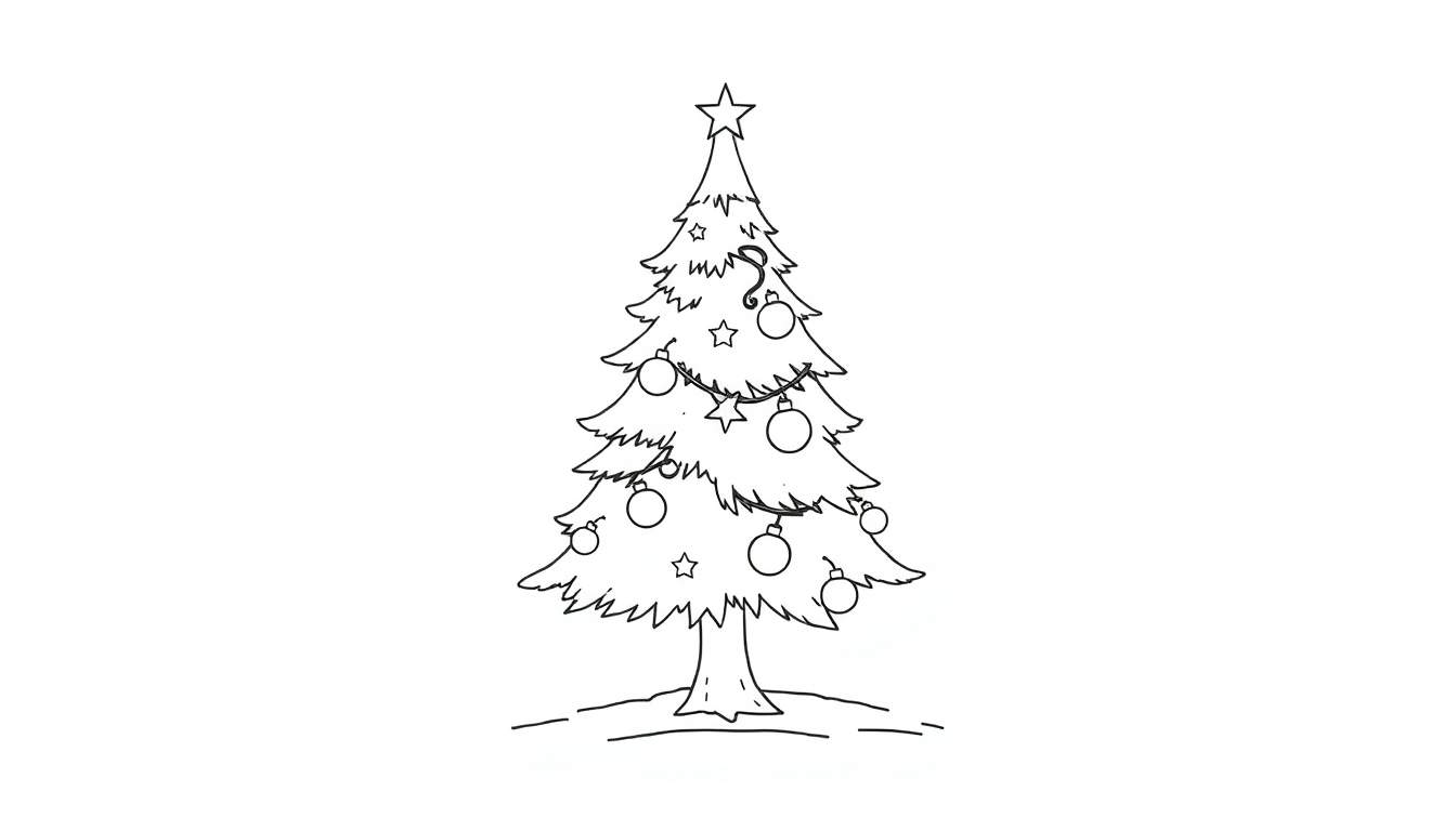 A cute Christmas tree with simple ornaments, ready for coloring. Black and white, no colors. This is a color panel waiting for your artistic touch!