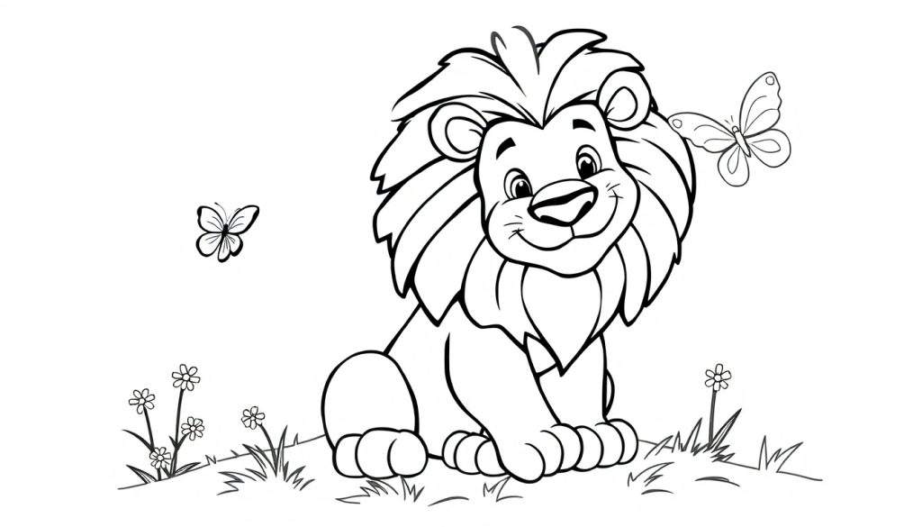 A friendly lion with a big mane, ready to be colored! Black and white line art for a coloring panel.