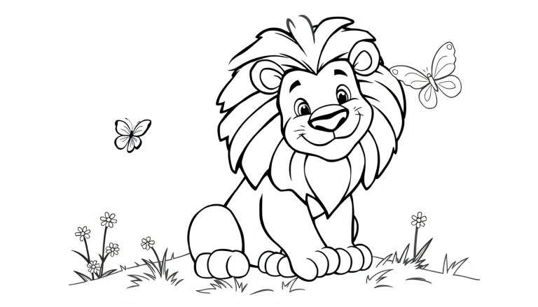 A friendly lion with a big mane, ready to be colored! Black and white line art for a coloring panel.