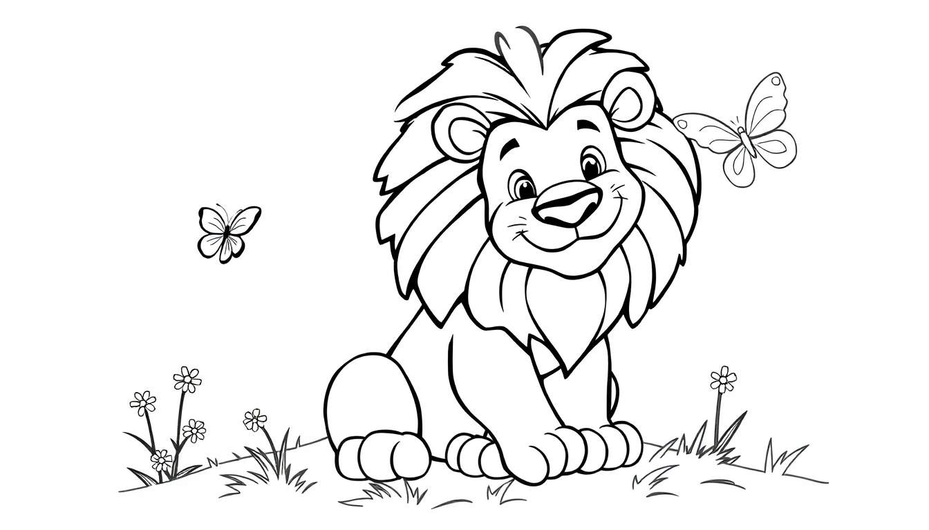 A friendly lion with a big mane, ready to be colored! Black and white line art for a coloring panel.