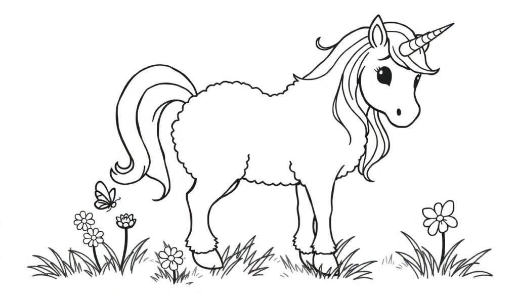 A happy unicorn in a field of flowers, ready for coloring in this color panel.