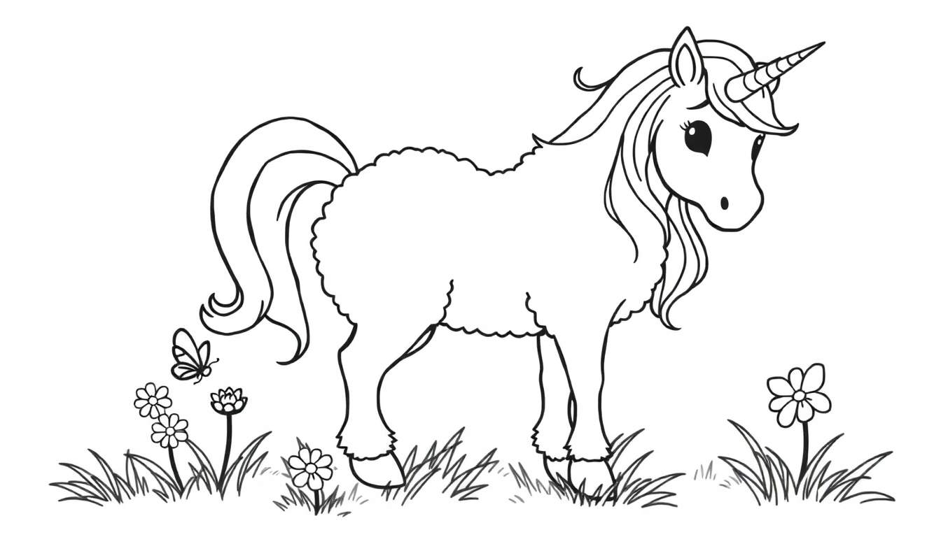 A happy unicorn in a field of flowers, ready for coloring in this color panel.