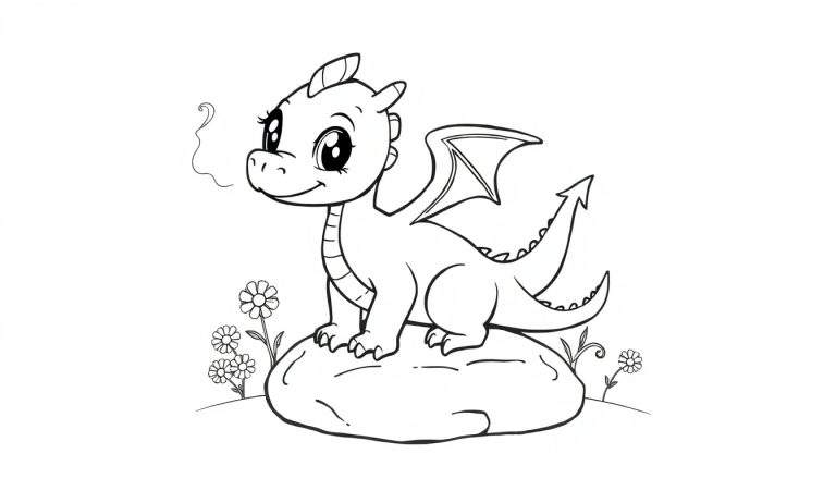 A cute baby dragon on a rock, ready for color panel.