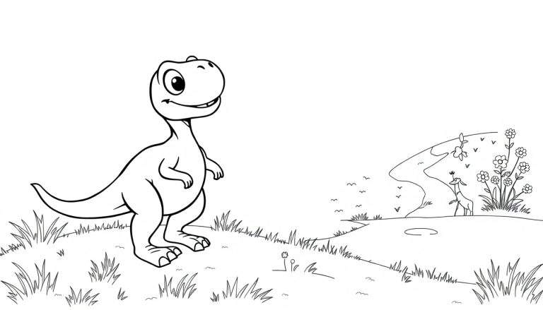 A friendly cartoon velociraptor in a black and white outline, ready for a coloring panel.