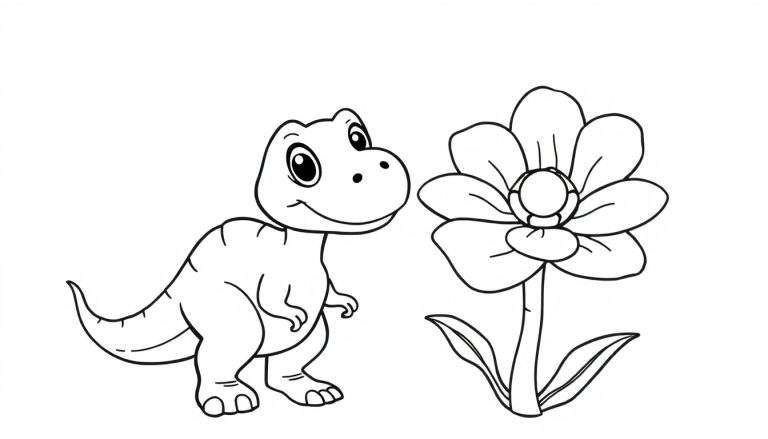 A cute cartoon velociraptor in a black and white color panel, reaching out to a prehistoric flower.