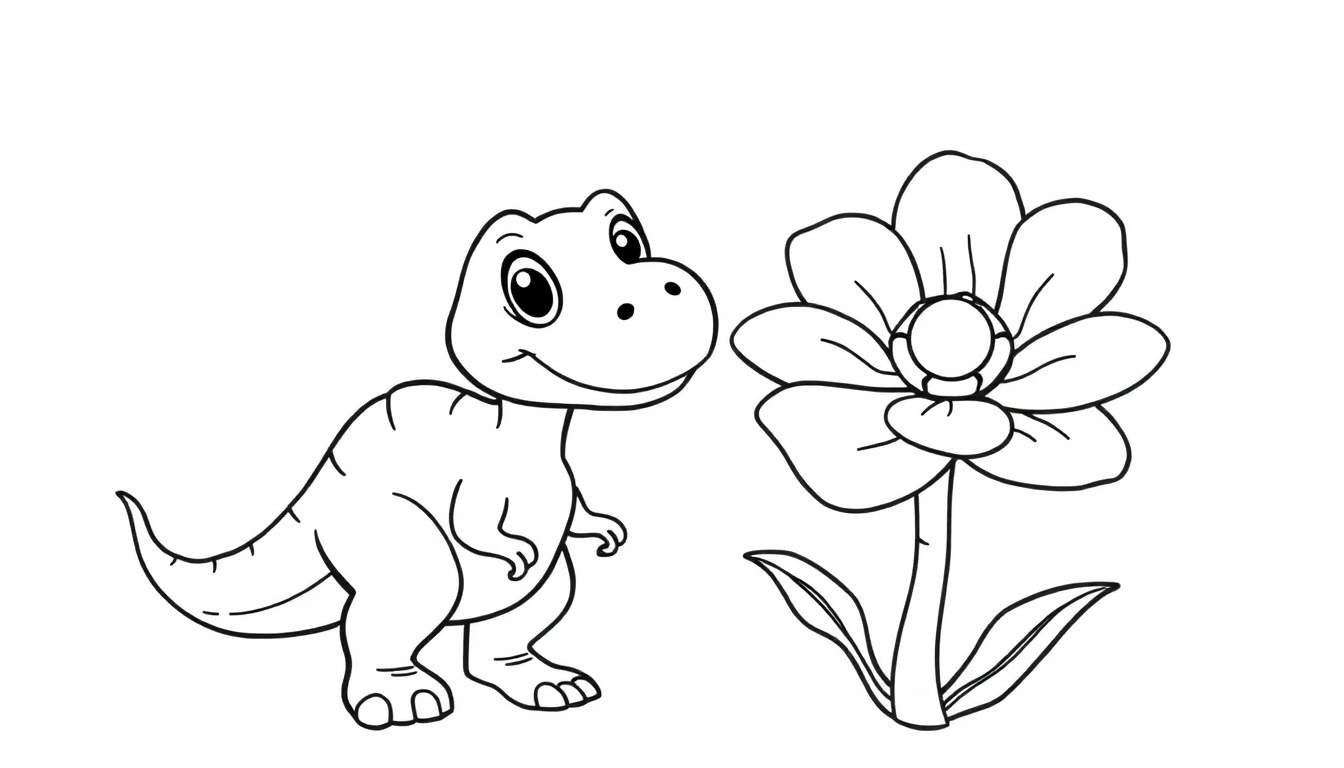 A cute cartoon velociraptor in a black and white color panel, reaching out to a prehistoric flower.