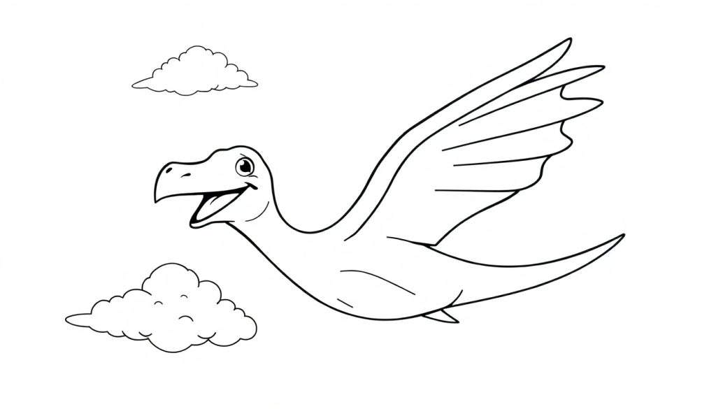 A black and white cartoon of a smiling Pteranodon with large wings flying through the sky, a color panel ready for coloring. Two clouds are visible in the background.