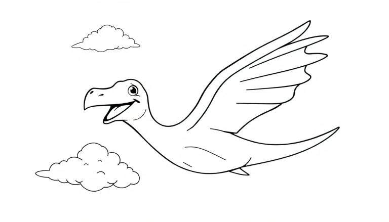 A black and white cartoon of a smiling Pteranodon with large wings flying through the sky, a color panel ready for coloring. Two clouds are visible in the background.