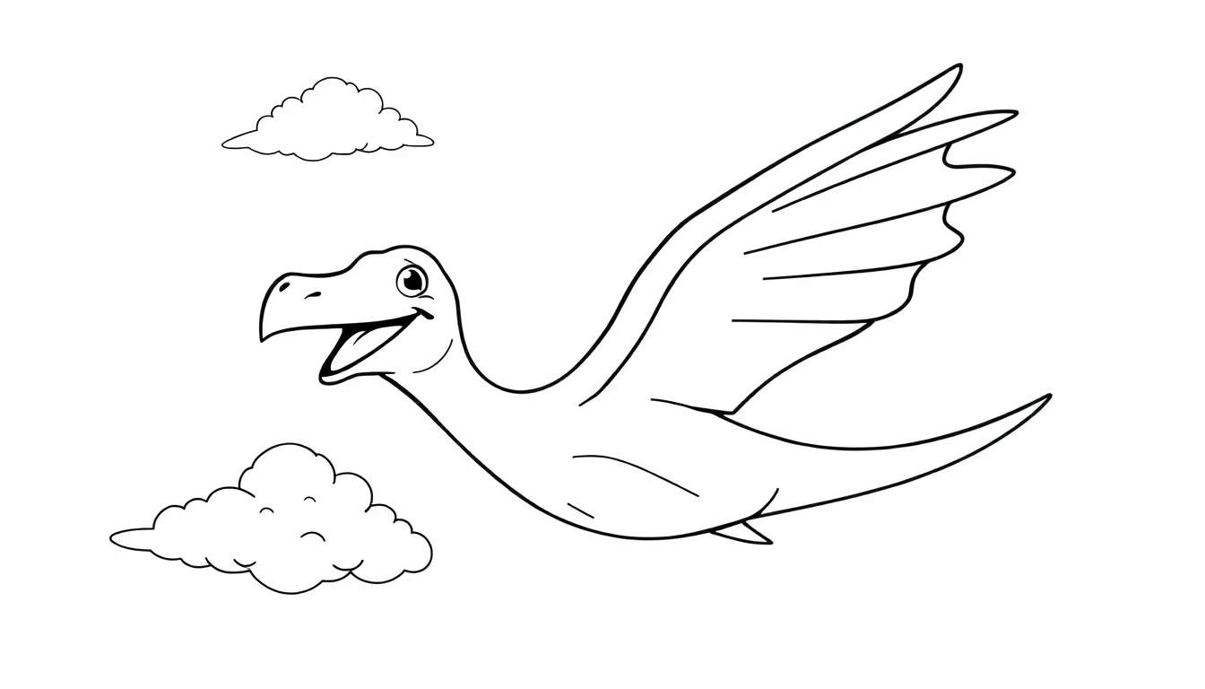 A black and white cartoon of a smiling Pteranodon with large wings flying through the sky, a color panel ready for coloring. Two clouds are visible in the background.
