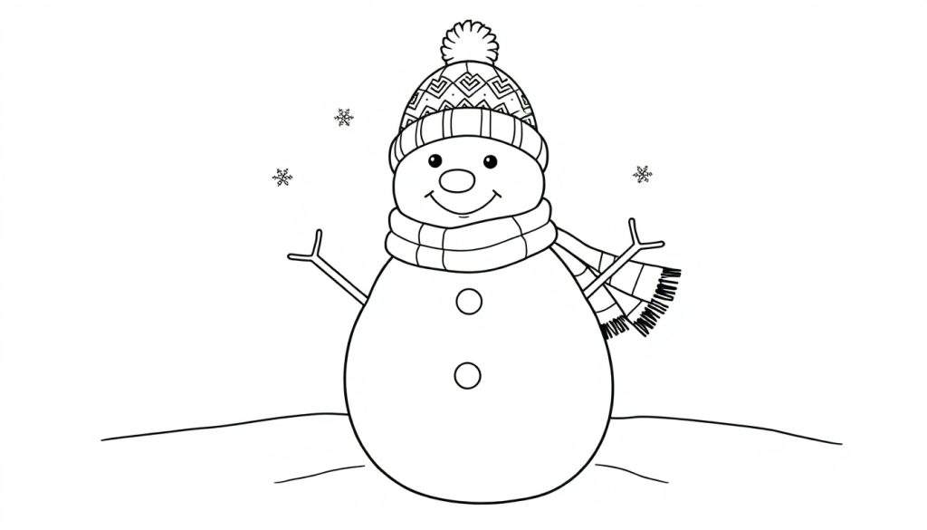 A friendly snowman outline for a color panel, wearing a hat and scarf, with stick arms.