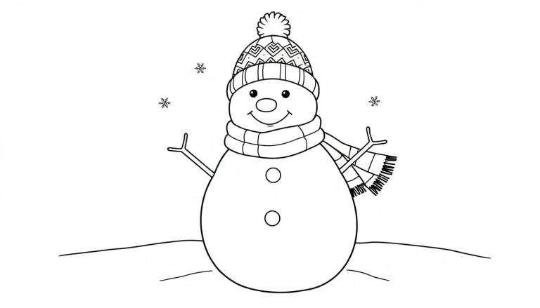 A friendly snowman outline for a color panel, wearing a hat and scarf, with stick arms.