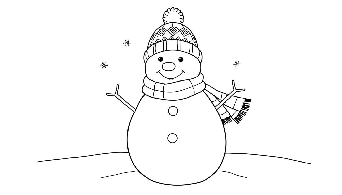 A friendly snowman outline for a color panel, wearing a hat and scarf, with stick arms.