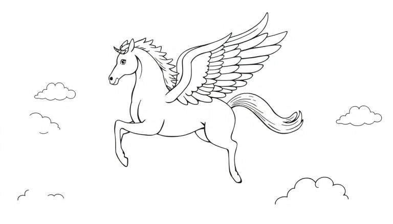 A black and white line drawing of a Pegasus with a horn, ready for coloring in a color panel.