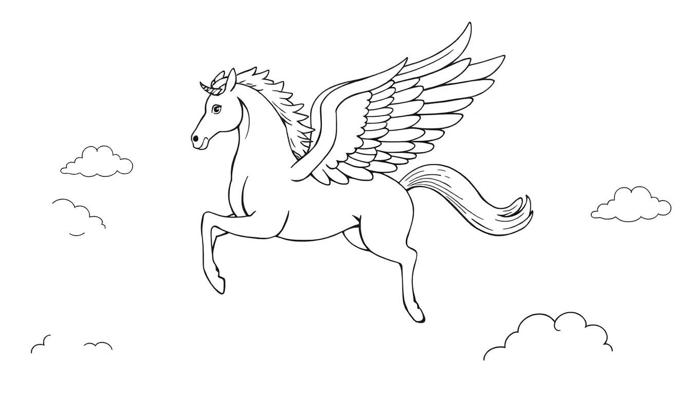 A black and white line drawing of a Pegasus with a horn, ready for coloring in a color panel.