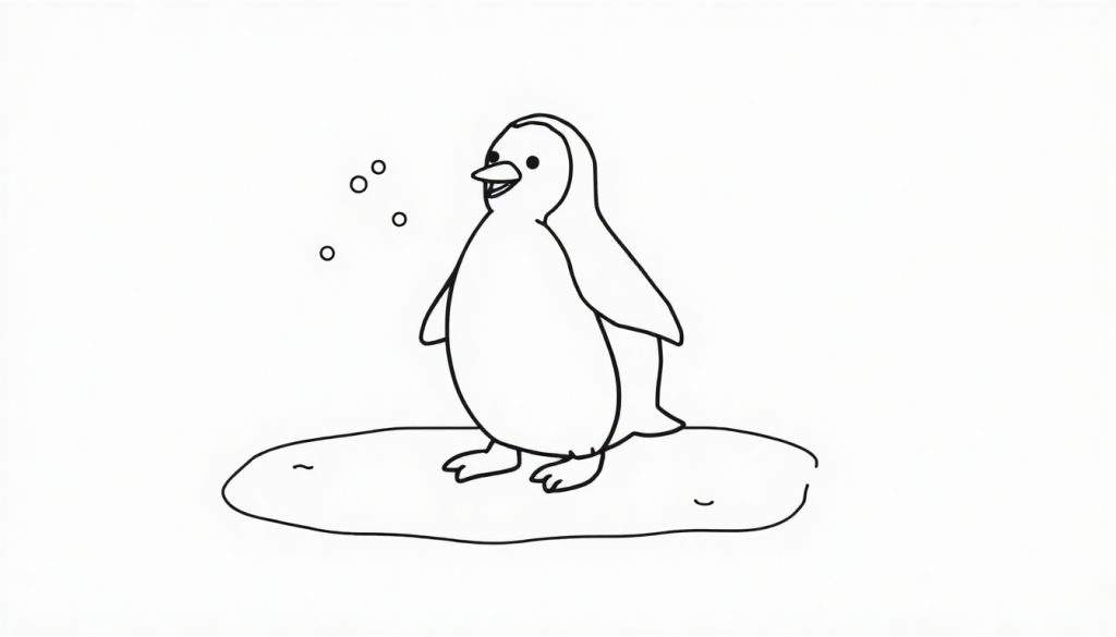 A cheerful penguin in a black and white color panel, ready to be colored.