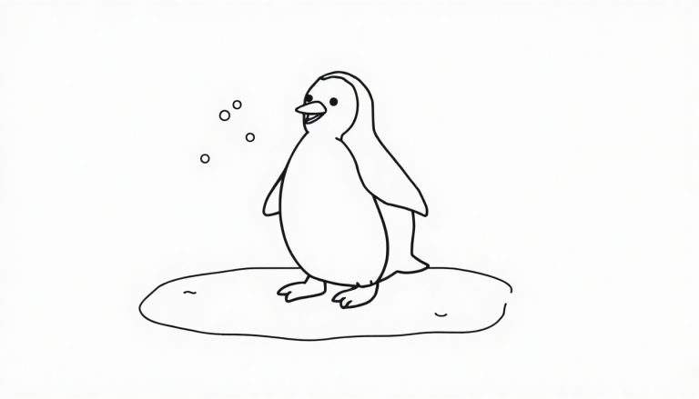 A cheerful penguin in a black and white color panel, ready to be colored.