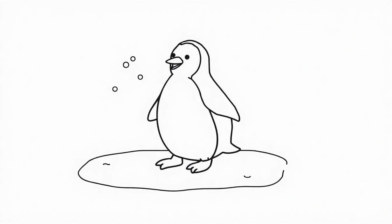 A cheerful penguin in a black and white color panel, ready to be colored.