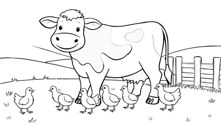 A black and white cartoon cow with spots and chicks, set against a farm background of hills and a fence, ready for coloring fun on this color panel.