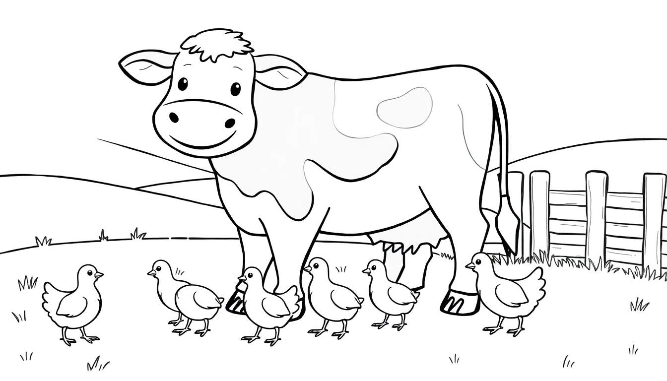 A black and white cartoon cow with spots and chicks, set against a farm background of hills and a fence, ready for coloring fun on this color panel.