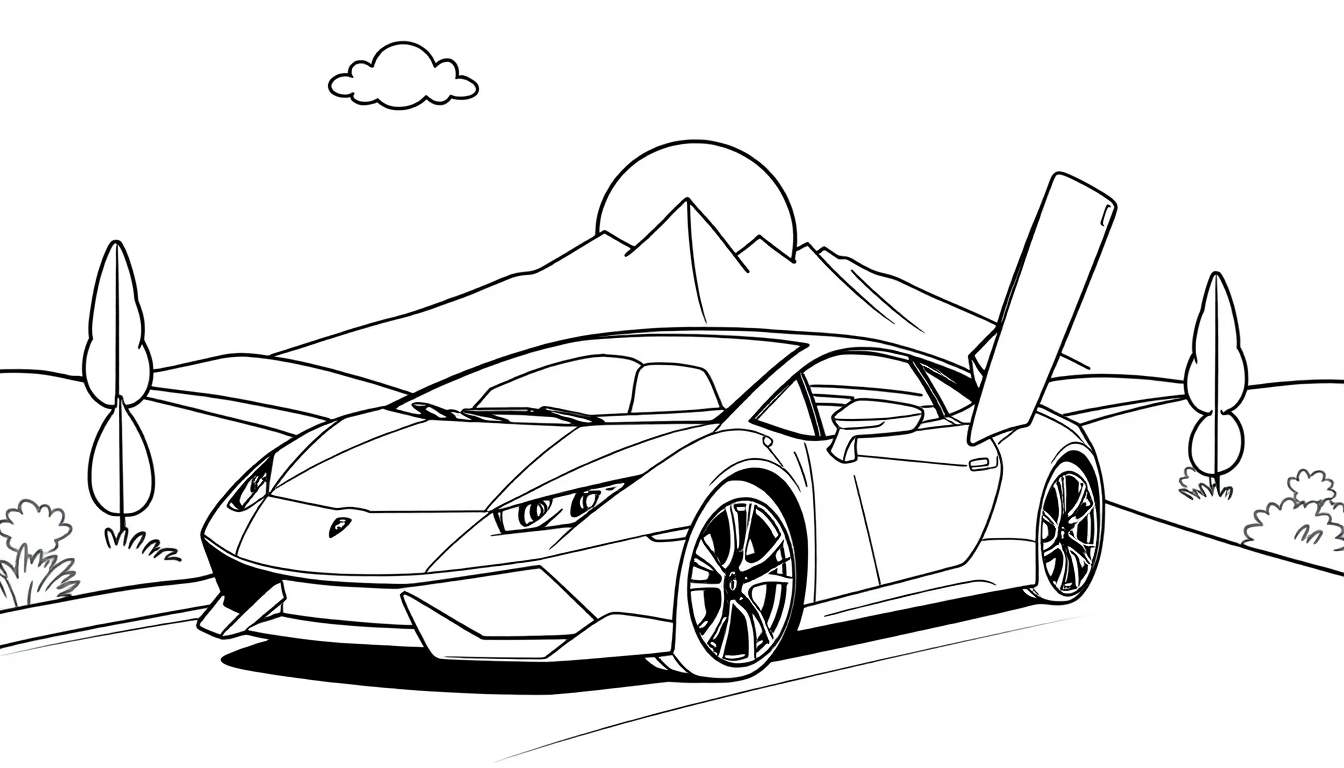 A black and white Lamborghini Huracan with its door open on a road, set against a backdrop of hills and mountains, ready for coloring on a color panel.