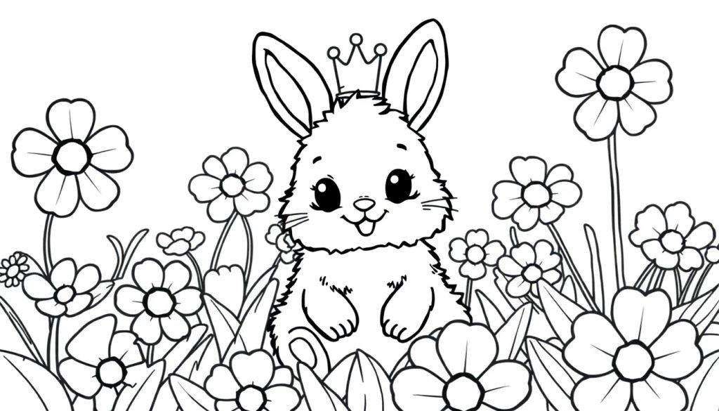 A fluffy bunny wearing a tiny crown, ready for coloring.
