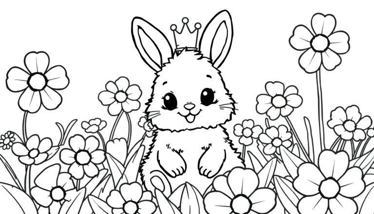 A fluffy bunny wearing a tiny crown, ready for coloring.