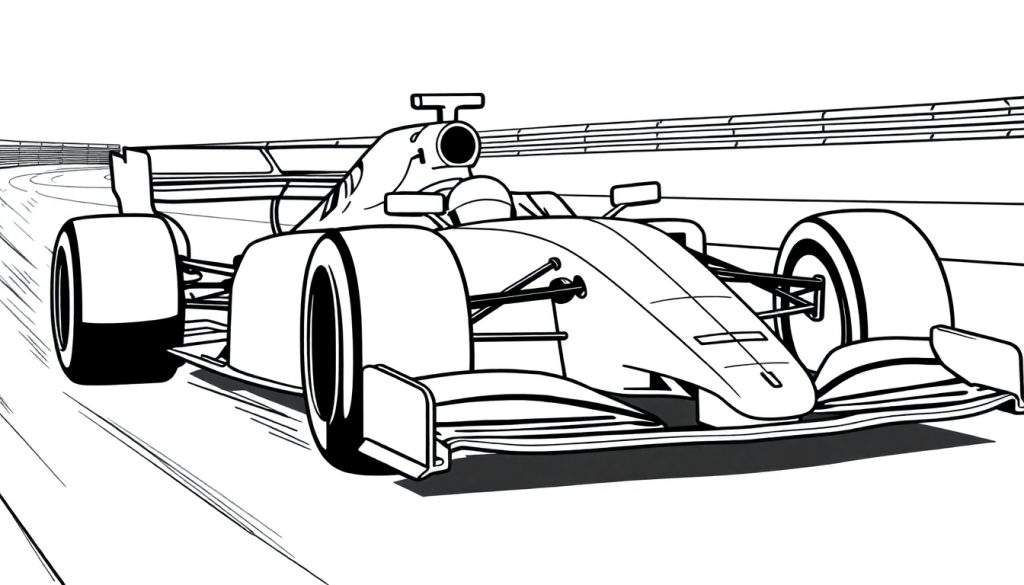 A Formula 1 race car coloring page with thick black lines, viewed from the side on a track.