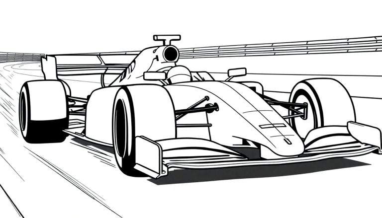 A Formula 1 race car coloring page with thick black lines, viewed from the side on a track.