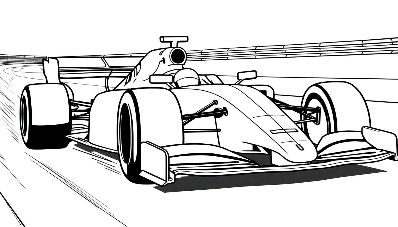A Formula 1 race car coloring page with thick black lines, viewed from the side on a track.