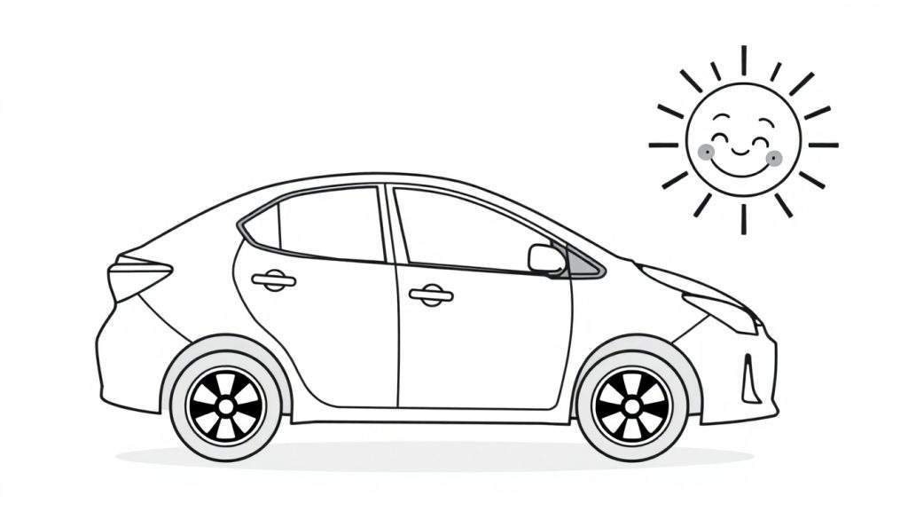 A cute black and white cartoon Toyota Corolla ready for a coloring adventure with a smiling sun. This is a color panel.