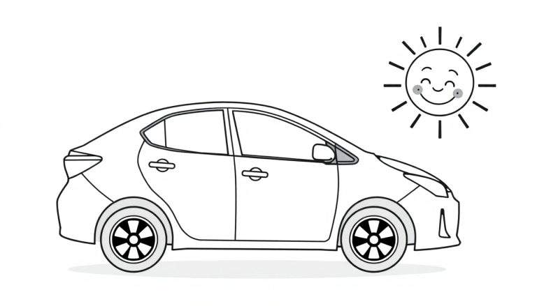 A cute black and white cartoon Toyota Corolla ready for a coloring adventure with a smiling sun. This is a color panel.