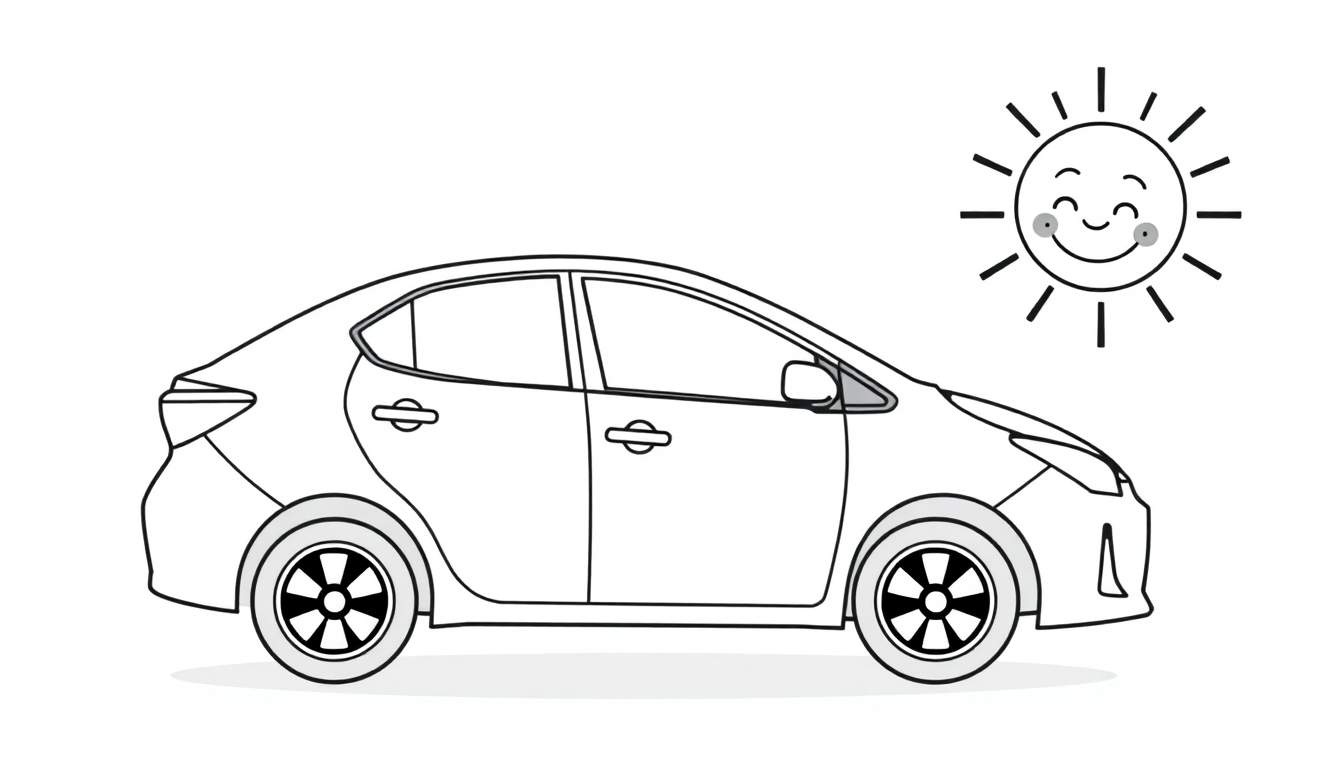 A cute black and white cartoon Toyota Corolla ready for a coloring adventure with a smiling sun. This is a color panel.
