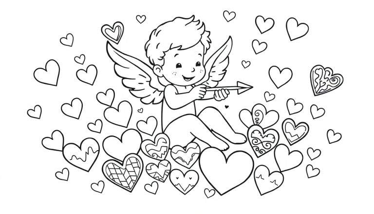 A whimsical black and white coloring page with a cute Cupid holding a bow and arrow, surrounded by various styles of hearts, perfect for coloring.