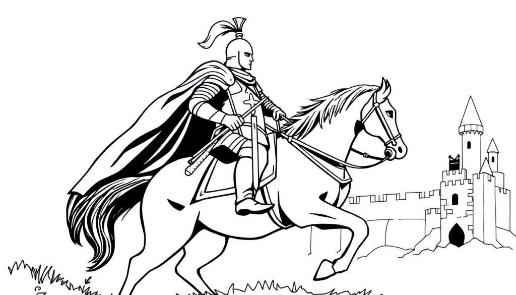 A coloring page of a knight on a horse in front of a castle.