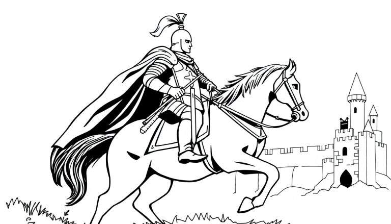 A coloring page of a knight on a horse in front of a castle.