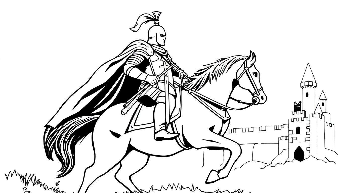 A coloring page of a knight on a horse in front of a castle.