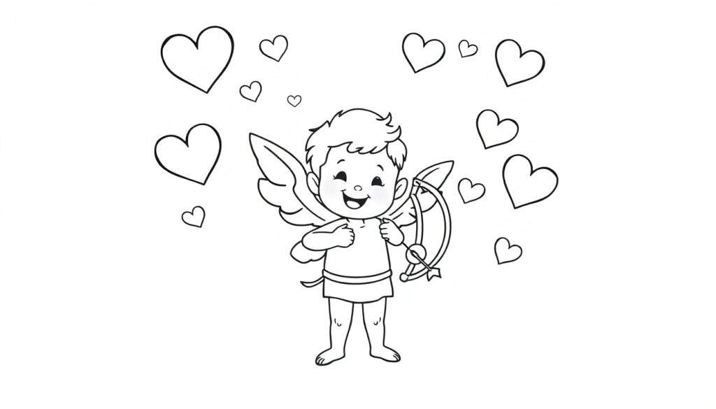 A black and white coloring page of hearts and Cupid.