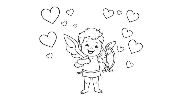 A black and white coloring page of hearts and Cupid.
