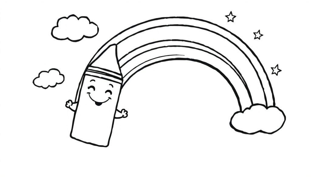 A happy crayon character in a black and white coloring panel, drawing a rainbow with clouds and stars.