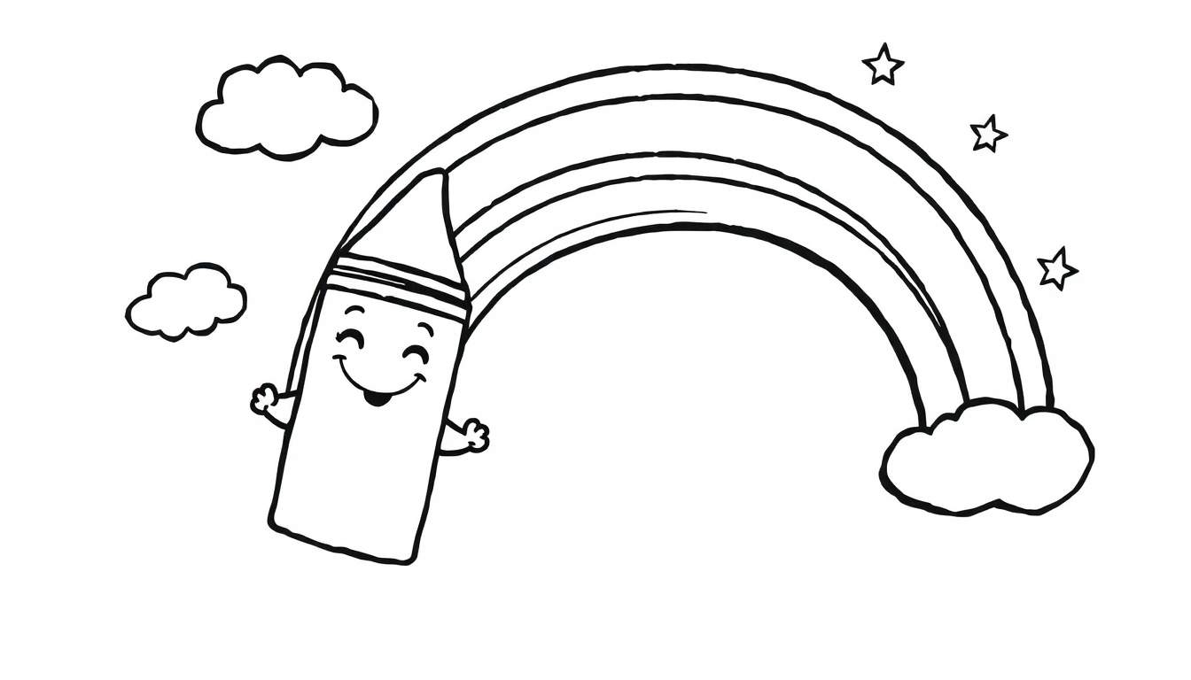 A happy crayon character in a black and white coloring panel, drawing a rainbow with clouds and stars.
