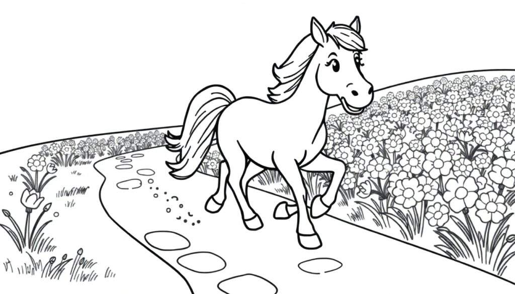 A cartoon horse coloring panel with a flowing mane and tail walking on a path with flowers.
